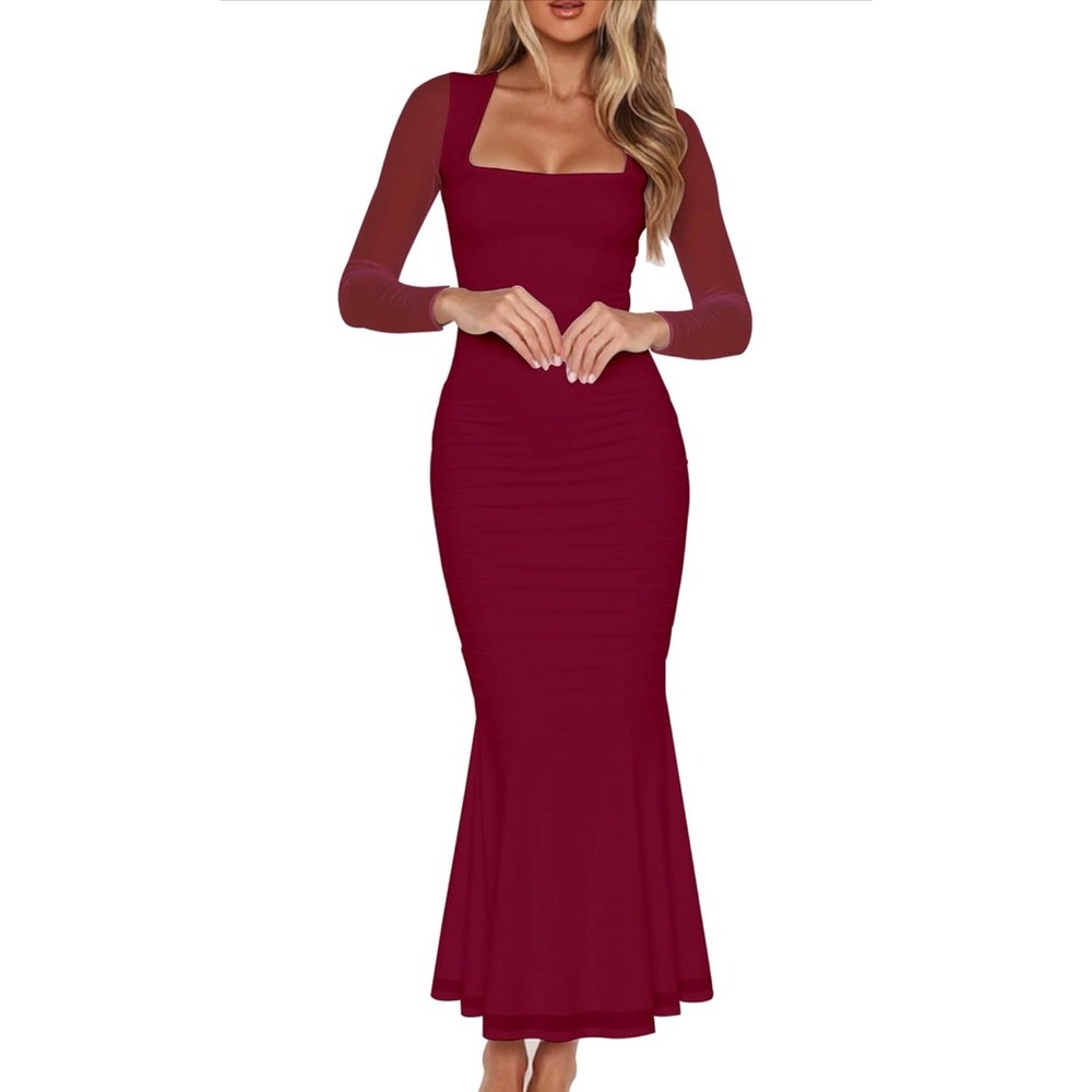 BORIFLORS Burgundy Mesh Ruched Long Sleeve Square Neck Maxi Dress Wine Red Gown